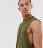 Asos Design Tall Organic Relaxed Sleeveless T-shirt With Crew Neck And Dropped Armhole In Khaki-green