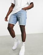 Asos Design Slim Denim Shorts In Mid Wash Blue-blues