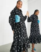 Asos Edition Dropped Sleeve Midi Dress With Collar In Metallic Floral Jacquard-black