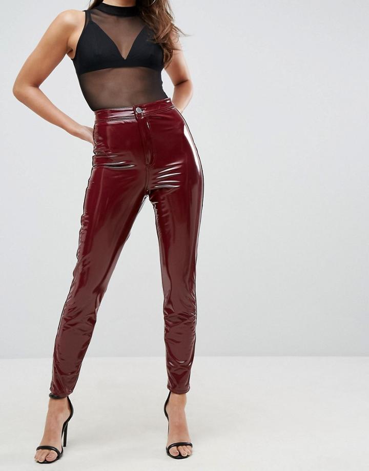 Asos Rivington High Waist Denim Jeggings In Vinyl Effect In Berry - Purple