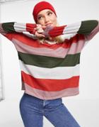 Jdy Tonsy Long Sleeve V-neck Jersey Top In Color Block Green And Pink Stripe-multi