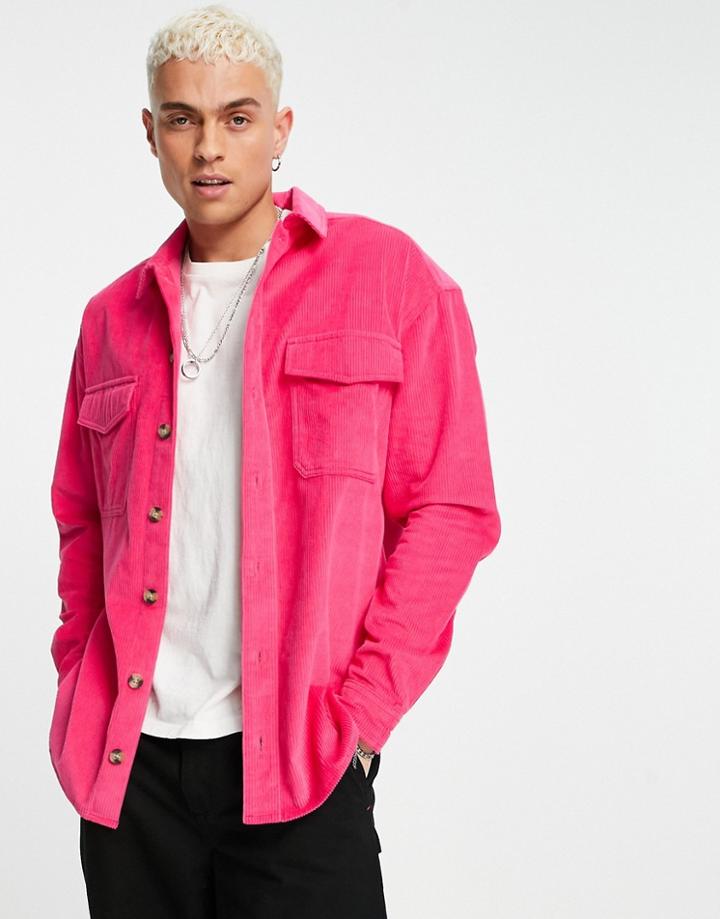 Asos Design 90s Oversized Corduroy Shirt With Double Pockets In Bright Pink