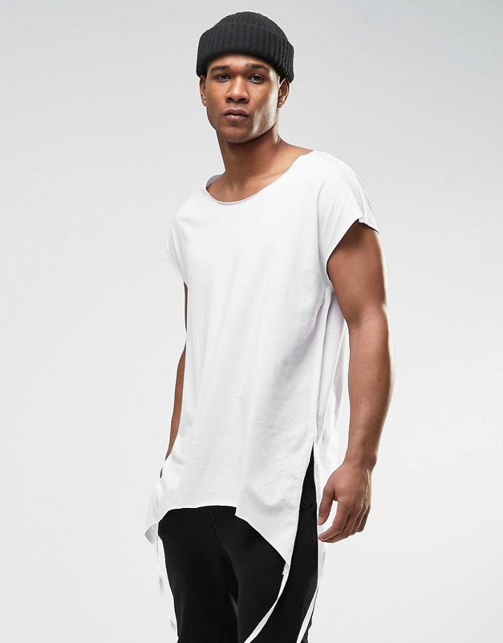 Asos Oversized Sleeveless T-shirt With Shaped Hem Side Splits And Taping - White
