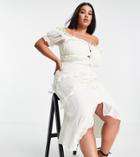 Asos Design Curve Off Shoulder Midi Dress With Button Front And Ruffle Detail In Cream-white