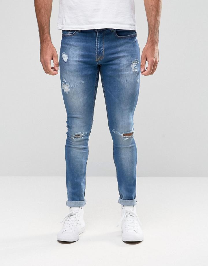 Hoxton Denim Jeans Aged Worn Rip And Repair Spray On Jean - Blue