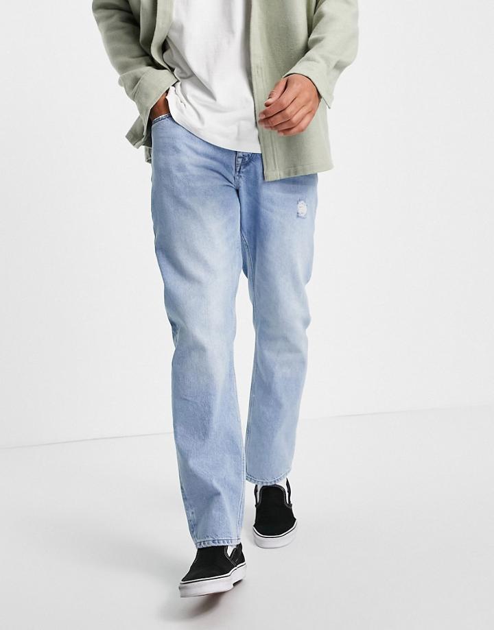 Asos Design Original Fit Jeans In Vintage Light Wash With Abrasions-blues