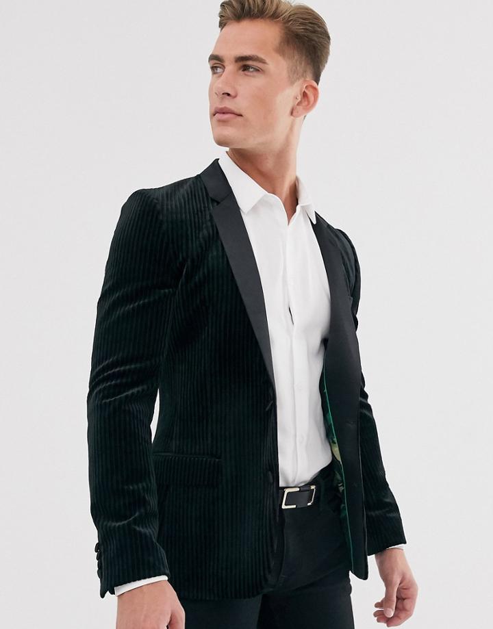 Asos Design Super Skinny Tuxedo Blazer With Plisse Velvet In Black
