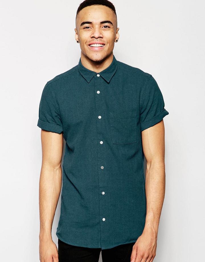 New Look Short Sleeve Shirt In Green In Regular Fit - Blue