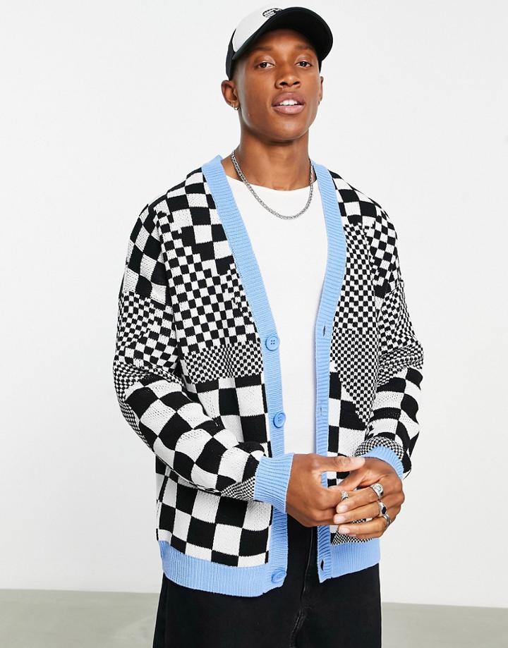 Asos Design Knitted Checkerboard Cardigan In Black & White-multi