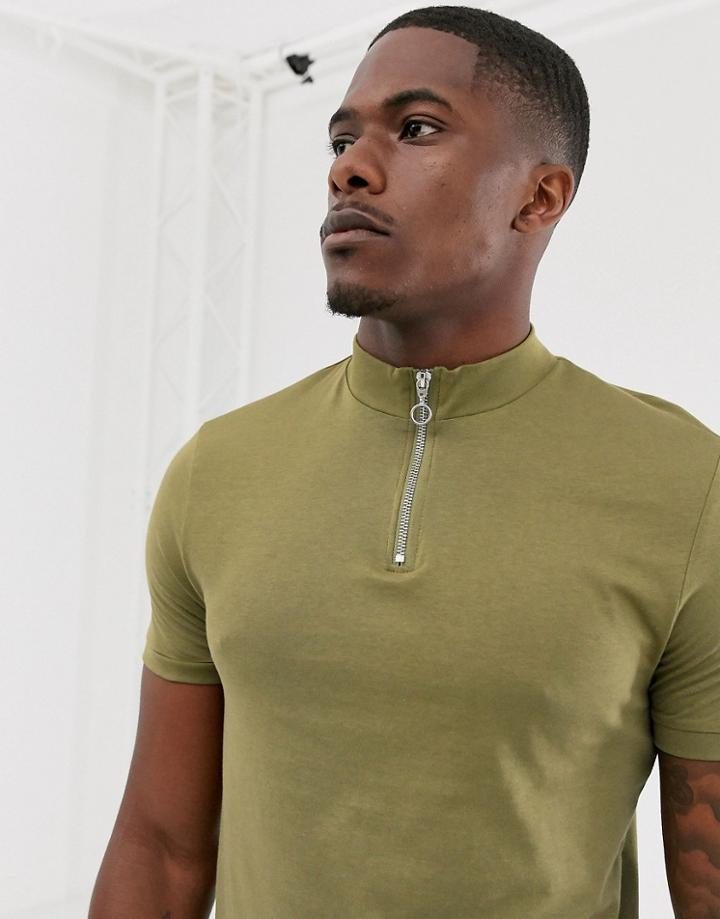 Asos Design Organic T-shirt With Zip Turtleneck In Green