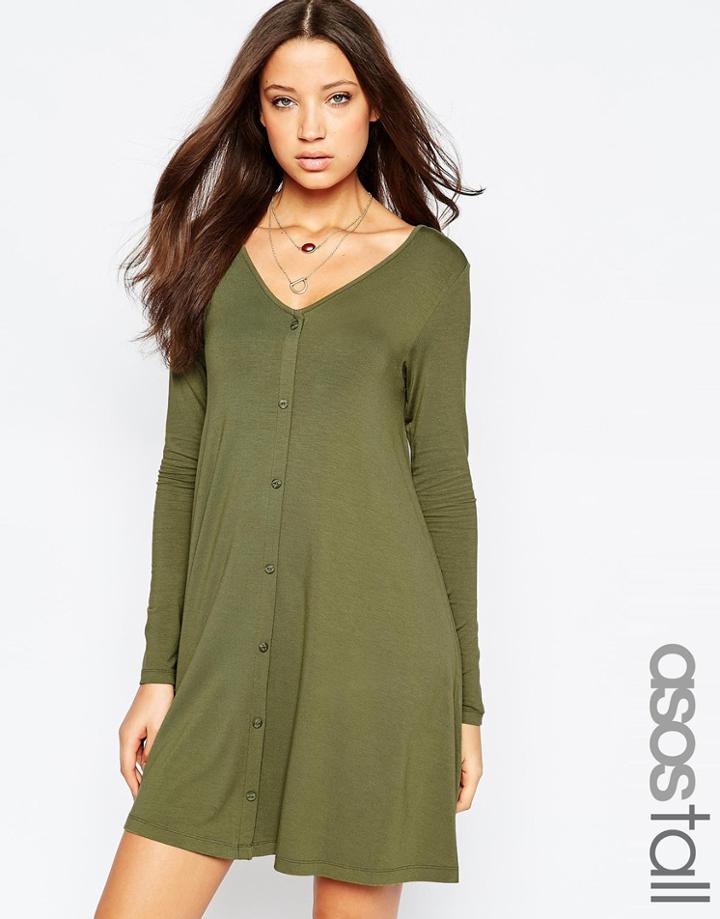 Asos Tall Swing Dress With Button Front - Green