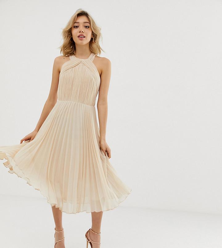 Asos Design Petite Pleated Bodice Halter Midi Dress - Pink