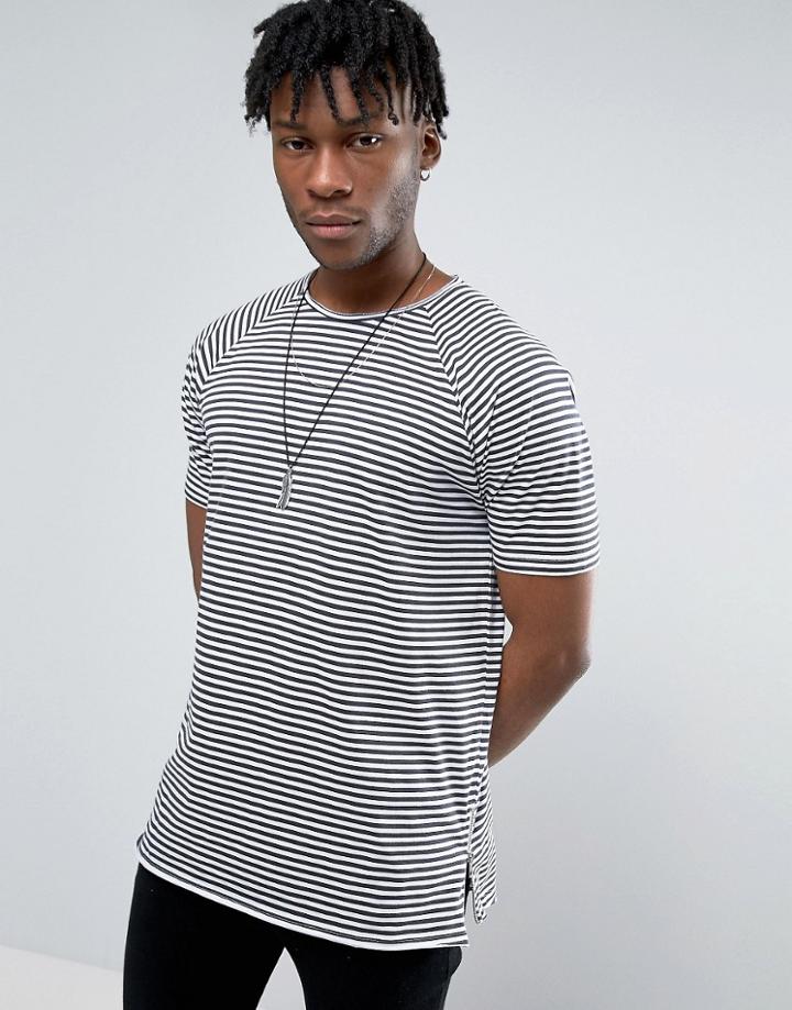 Asos Longline Raglan T-shirt With Printed Stripes And Size Zips - Blac