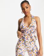 Miss Selfridge Sleeveless Shirred Waist Halter Neck Top In Floral-multi