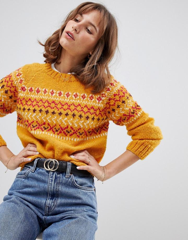 People Tree Hand Knitted Sweater In Fair Isle Knit - Yellow