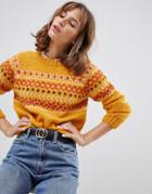 People Tree Hand Knitted Sweater In Fair Isle Knit - Yellow