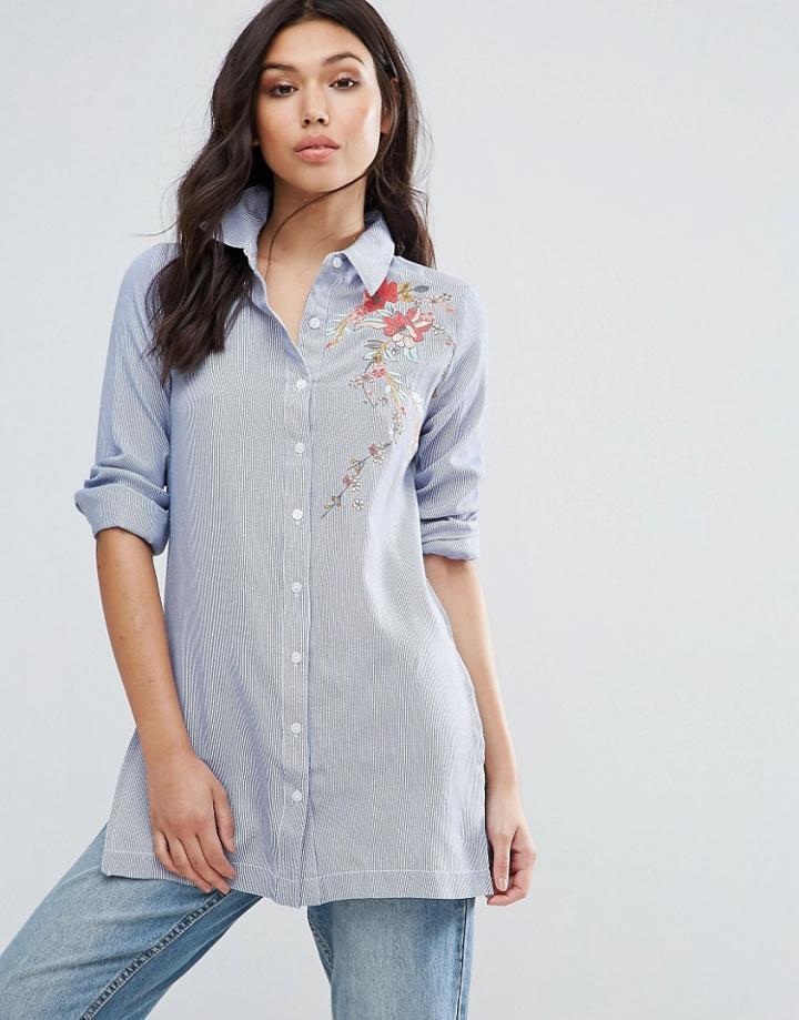 Influence Embroidered Longline Cotton Shirt - Blue