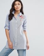 Influence Embroidered Longline Cotton Shirt - Blue
