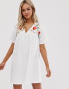 Asos Design Embroidered Ultimate Cotton Smock Dress-white