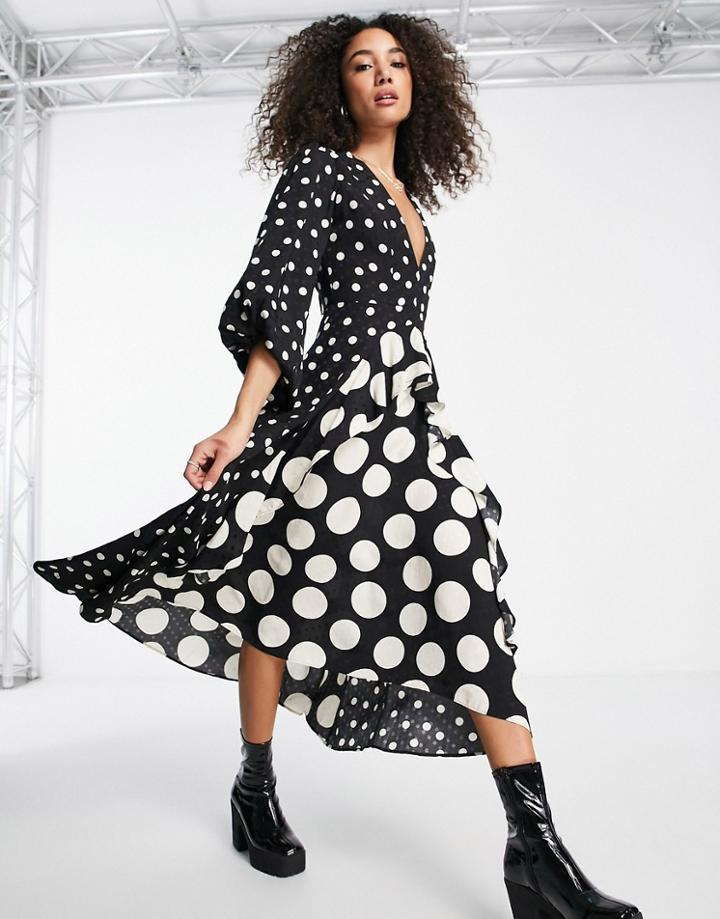 Topshop Mixed Spot Long Sleeve Ruffle Midi Dress-multi