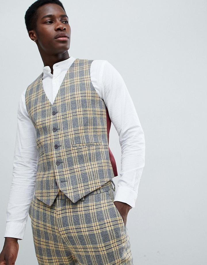 Asos Design Skinny Suit Vest In Yellow Plaid Check - Yellow