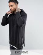 Mennace Longline Hoodie With Side Zips In Black - Black