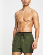 Asos Design Swim Shorts With Double Waistband In Khaki Short Length-green