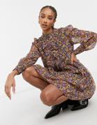 Violet Romance High Neck Mini Smock Dress In Floral Print-multi