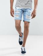Pull & Bear Denim Shorts With Distressing In Bleach Wash - Blue