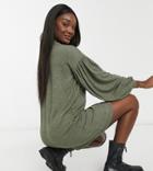 Asos Design Tall Long Balloon Sleeve Mini Dress In Super Soft Khaki-green