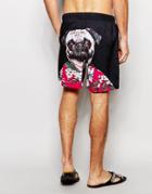 Asos Mid Length Swim Shorts With Pug Print - Gray