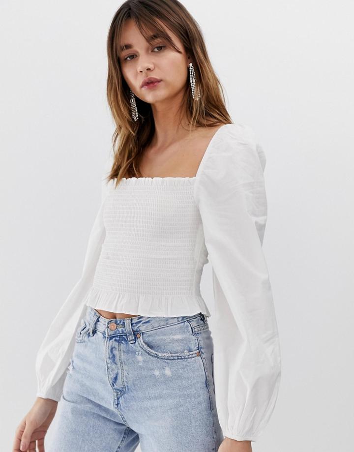 Stradivarius Shirred Blouse In White - White