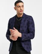 Twisted Tailor Suit Jacket In Navy With Eye Print Flocking