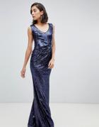 City Goddess V Neck Sequin Maxi Dress With Bow Detail - Navy