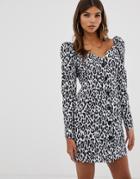 Asos Design Off Shoulder Button Through Mini Dress With Long Sleeves In Mono Leopard Print - Multi