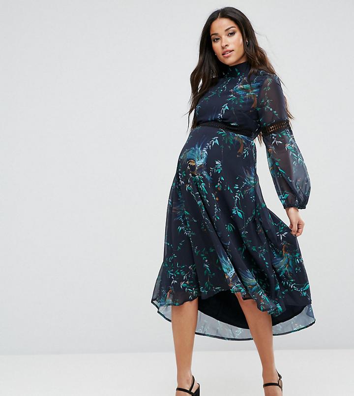 Hope & Ivy Maternity Printed Midi Dress With Lace Inserts-multi