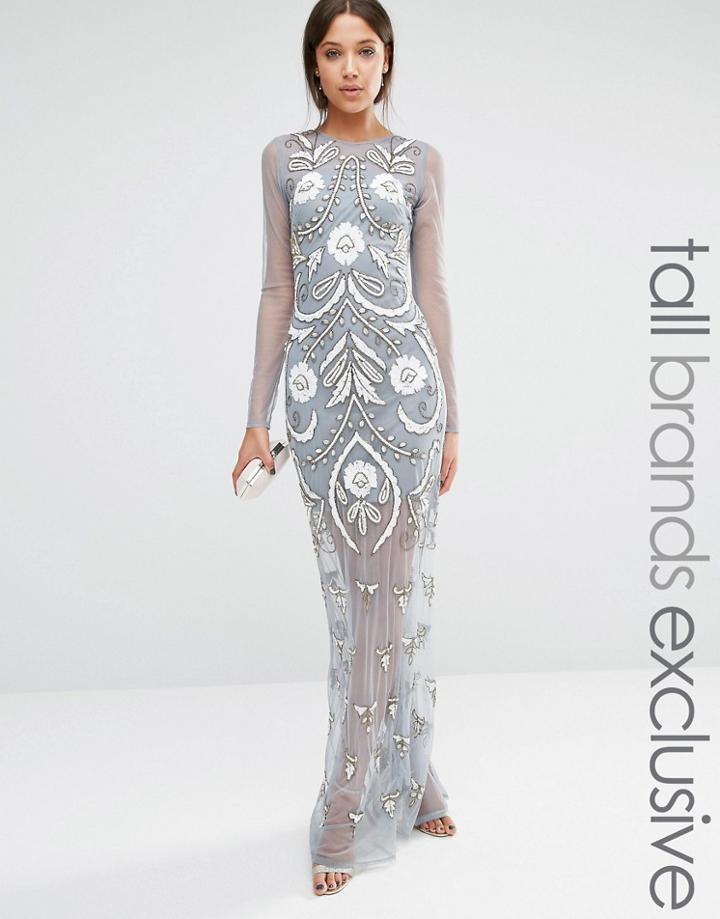 Maya Tall Long Sleeve Mesh Maxi Dress With Floral Embellishment - Gray