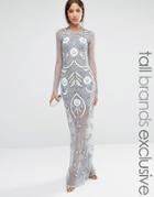 Maya Tall Long Sleeve Mesh Maxi Dress With Floral Embellishment - Gray