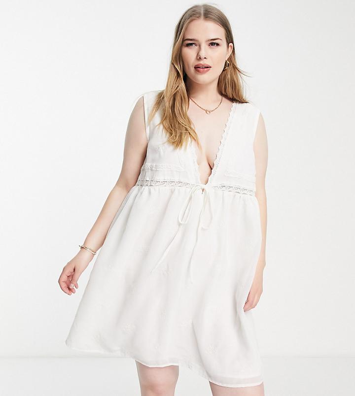 Asos Design Curve Lace Insert Sleeveless Embroidered Mini Sundress With Tie Detail In White