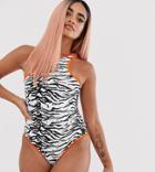 Asos Design Recycled Petite High Neck Swimsuit In Mono Zebra Print With Neon Contrast-multi