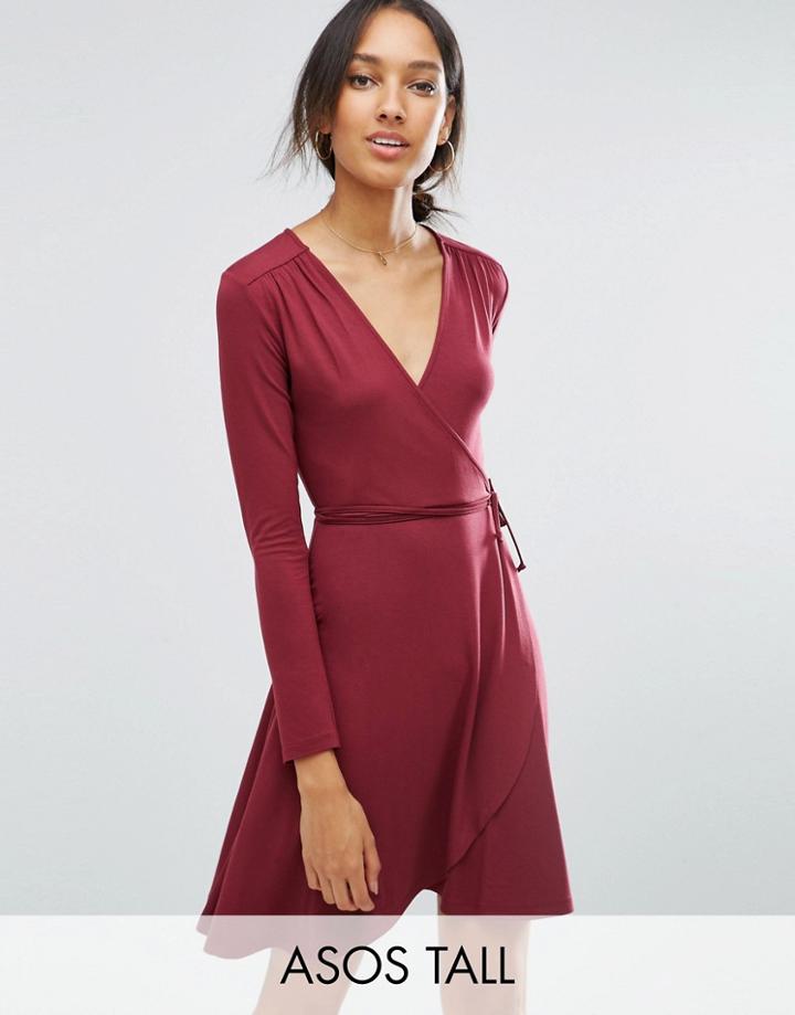 Asos Tall Mini Wrap Tea Dress With Long Sleeve - Red