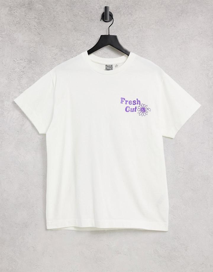 Crooked Tongues Oversized T-shirt With Fresh Cut Flowers Puff Print In Ecru-pink