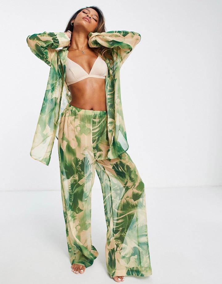 Topshop Palm Print Chiffon Beach Shirt In Multi - Part Of A Set