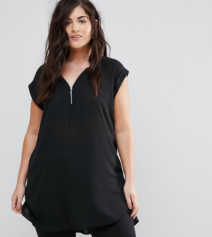 New Look Curves Long Line Zip Tunic Top - Black