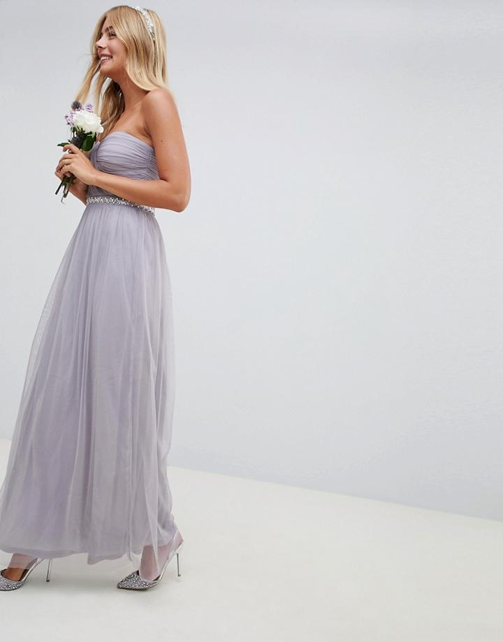 Asos Design Bridesmaid Bandeau Mesh Embellished Waist Maxi Dress-purple