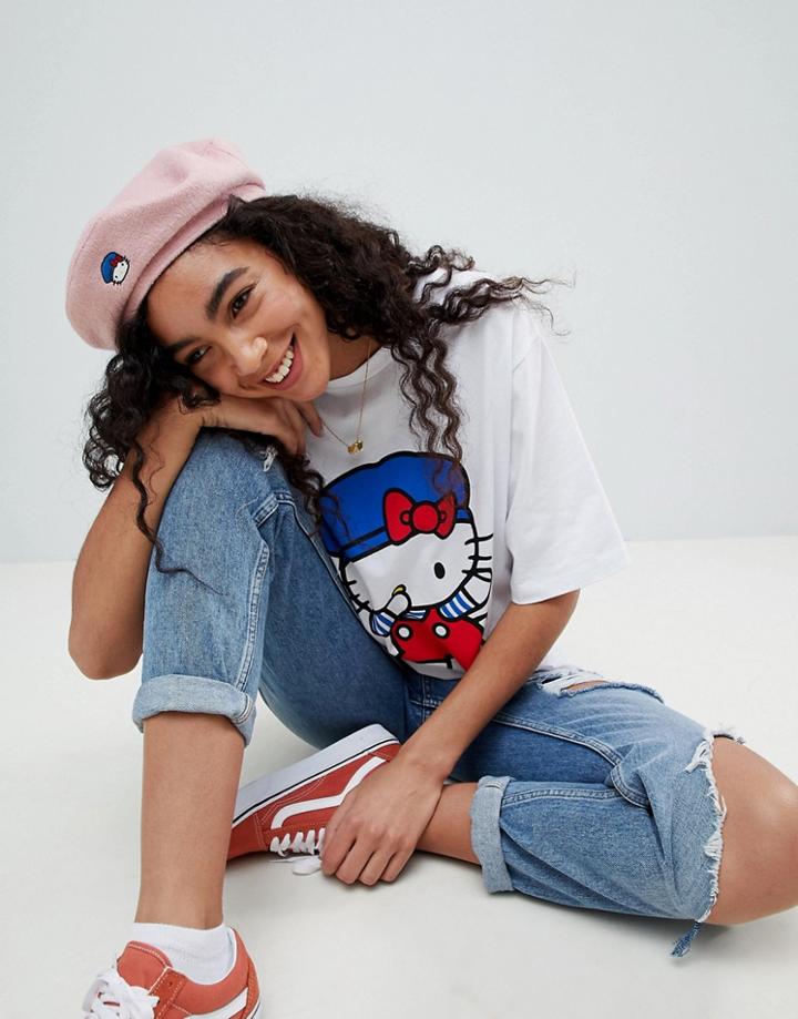 Hello Kitty X Asos Snapback Beret With Embroidery Detail - Pink