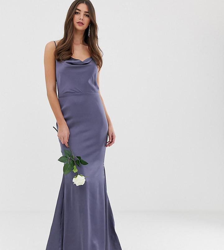 Missguided Tall Satin Cowl Neck Maxi Dress With Train In Blue - Gray