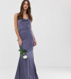 Missguided Tall Satin Cowl Neck Maxi Dress With Train In Blue - Gray