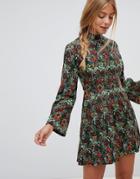 Qed London Bell Sleeve Printed Swing Dress - Black
