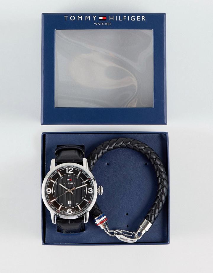 Tommy Hilfiger Black Leather Watch & Bracelet Set - Black